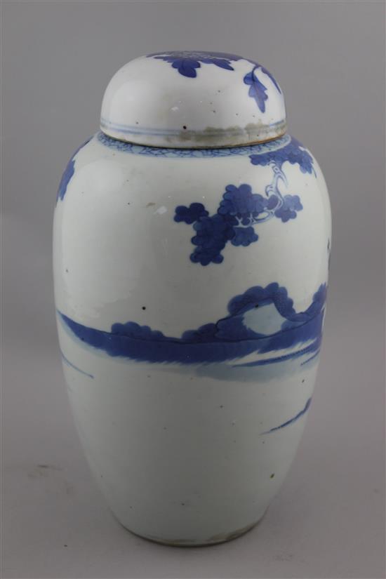 A Chinese blue and white ovoid jar, 19th century, 27cm, associated cover